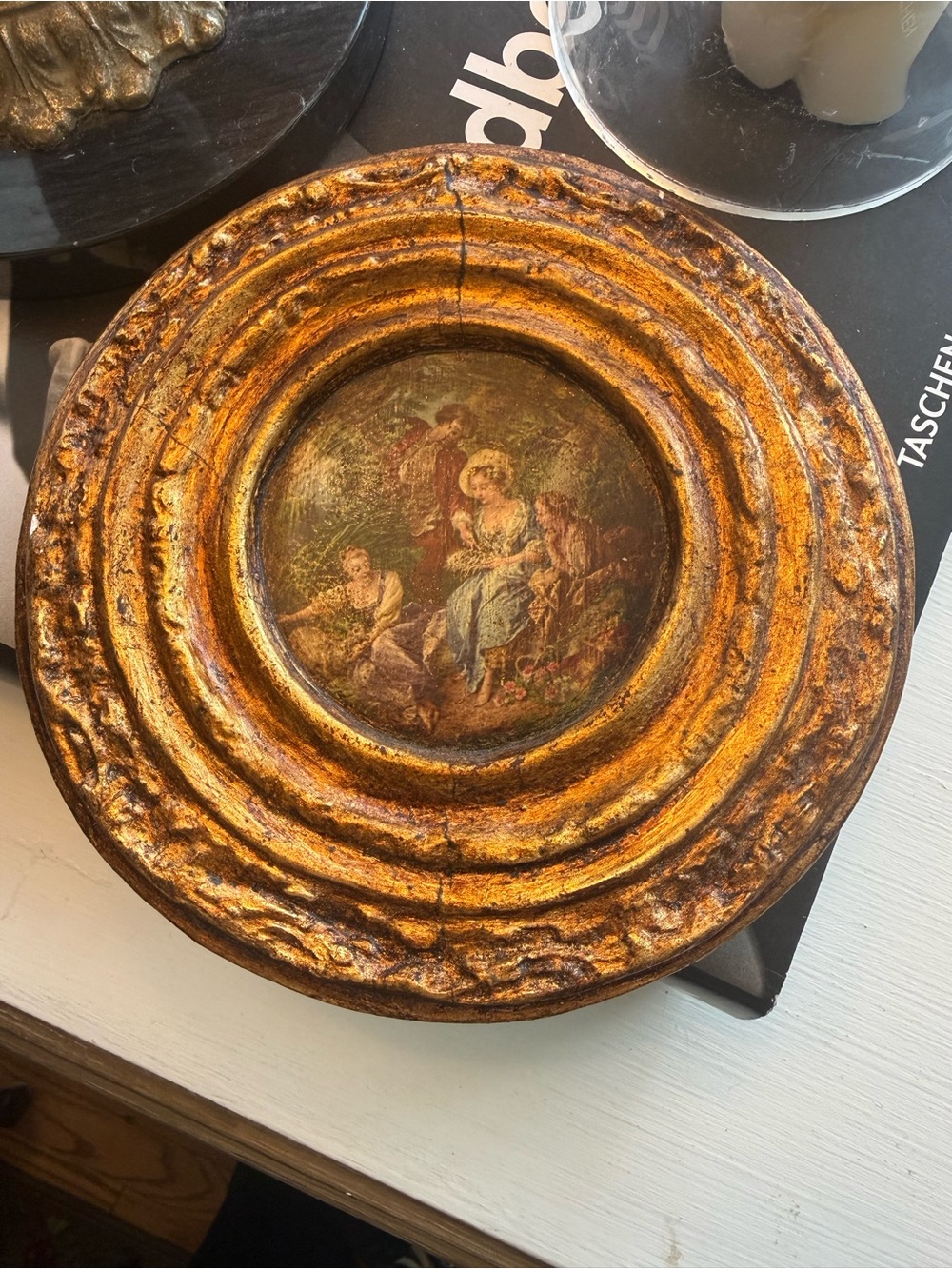 Vintage Rococco Gold-Toned Round Decorative Plaque with Classical Scene